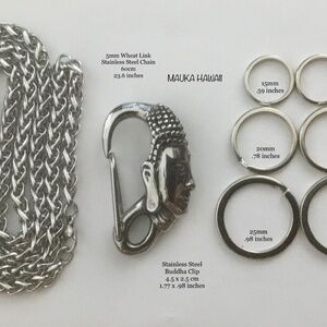 Buddha Monk Clip Stainless Carabiner Keychain Hook + Split Rings + 60cm Chain